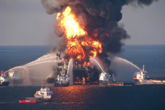 Fire boats battle the blazing remnants of the Deepwater Horizon oil platform.